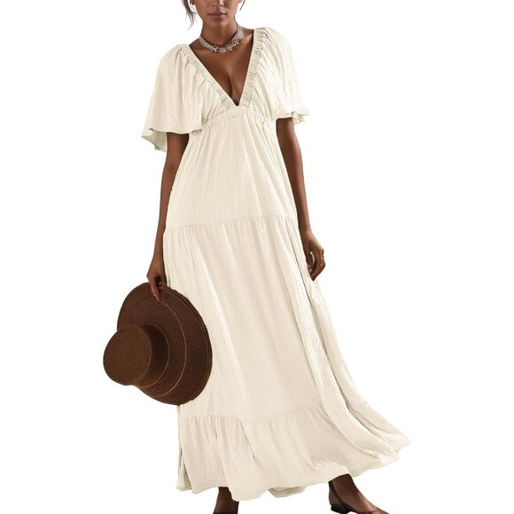 Women Summer Dress Maxi V-Neck Backless Flutter Sleeves Tiered Silhouette - Picture 3 of 9